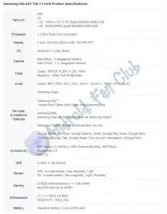 Samsung Galaxy Tab 3 - 7 Inches - Detailed Specifications